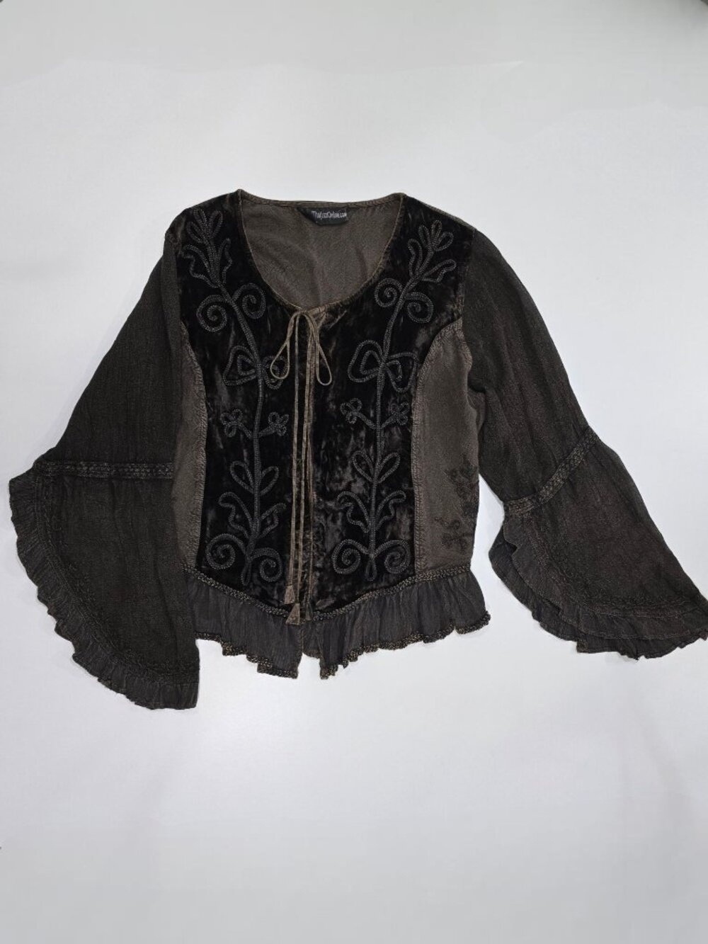 All That Jazz โฆ Velvet Embroidered Brown Boho Blouse โฆ Bell Sleeve Ruffle Hem M - Picture 4 of 15